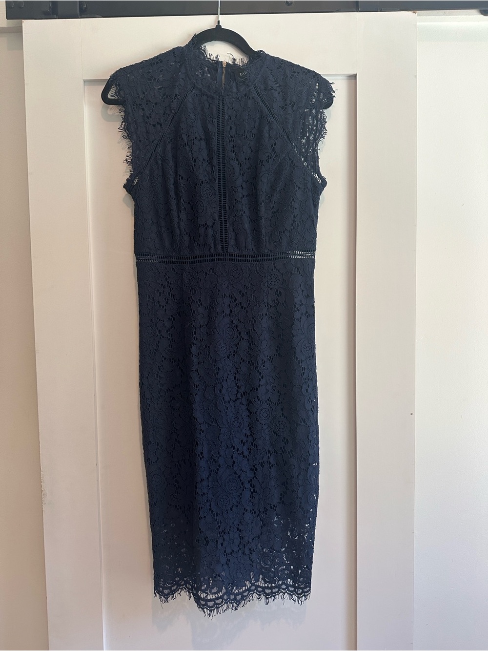 Bardot Navy Lace Midi Dress with Scalloped Hem